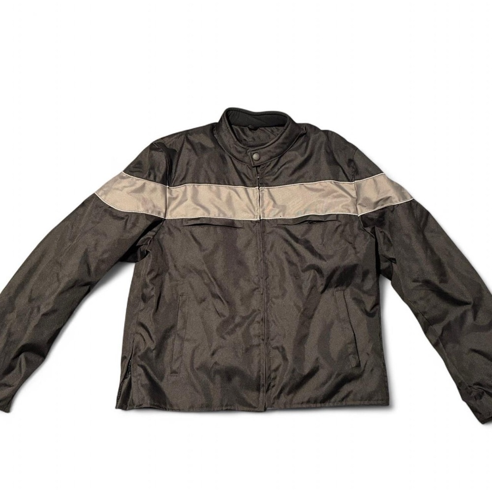 Black and Gray Motorcycle Jacket with Ribbed Collar and Zipper Closure